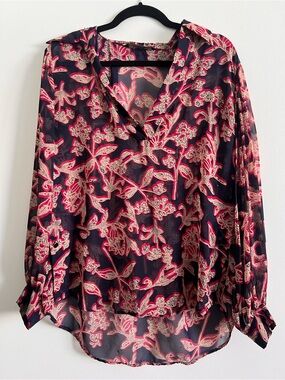 Floral Print V-Neck Sheer Long Sleeve Blouse - Navy & Pink